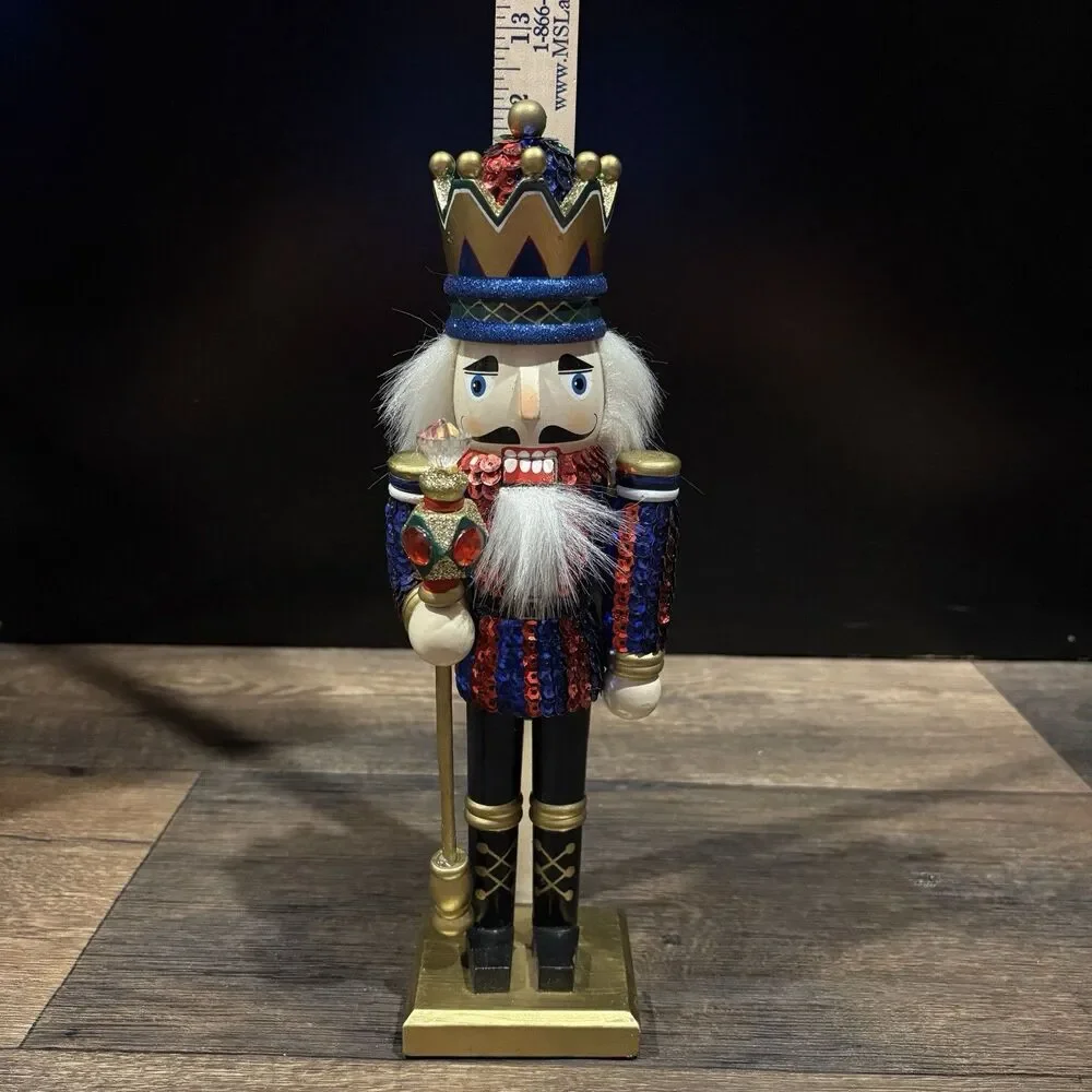 12” Sequin Nutcracker King Christmas Decor Red Blue Gold Crown Jeweled Scepter